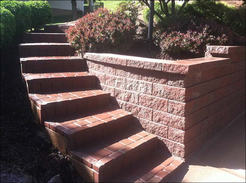 Red brick steps & red stone wall