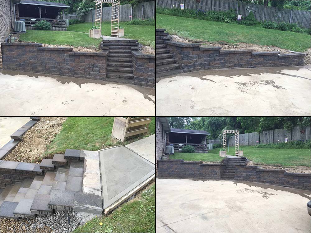 Driveway wall with steps and concrete pad