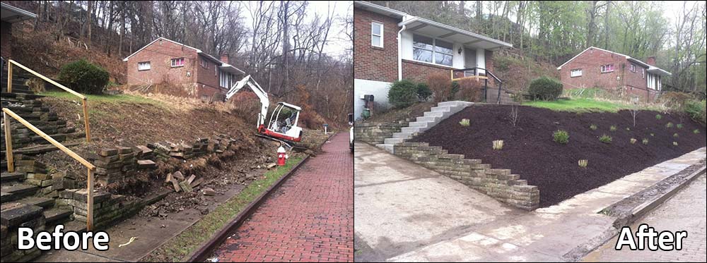 Wall, steps with landscaping before & after